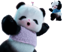 a panda bear wearing a pink scarf and a blue shirt