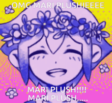 a drawing of a girl with a flower crown on her head with the caption omg mari plushieeee mari plush !!! mari plush