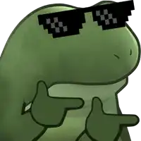 a green frog wearing a pair of sunglasses with the letter t on them