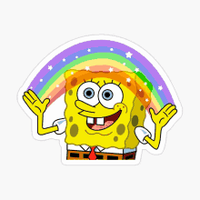 a spongebob squarepants sticker with a rainbow in the background