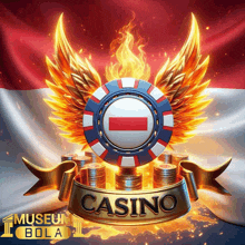 a logo for a casino with wings and coins in front of a flag