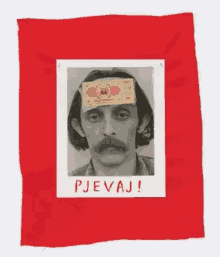 a picture of a man with a money note on his forehead and the words pjevaj written on the bottom