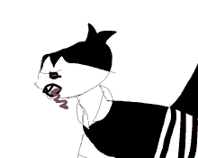 a black and white drawing of a cat with a red mouth