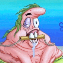 patrick star from spongebob squarepants has a pipe in his mouth .