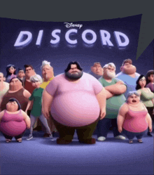 a group of cartoon characters standing in front of a sign that says " discord "