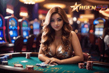 a woman is sitting at a poker table with a sign that says agen69 in the background