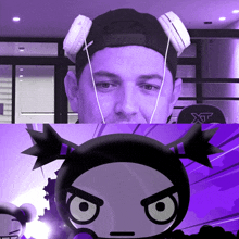 a man wearing headphones is next to a cartoon character with a purple background and the letter xt on it