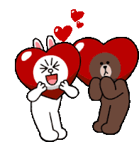 a brown bear and a white rabbit are holding hearts