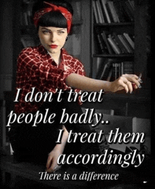 a woman in a red plaid shirt is smoking a cigarette in front of a bookshelf