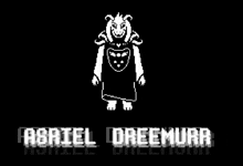 a black and white pixel art of a goat standing on a black background with the name gabriel dreemurr .