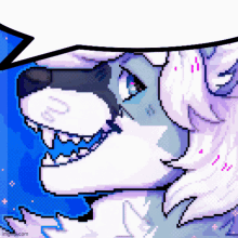 a pixel art of a wolf 's head with a blue background