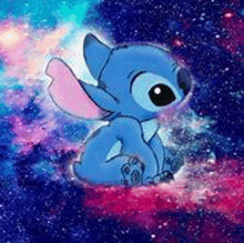 stitch is sitting in the middle of a galaxy with a galaxy background .