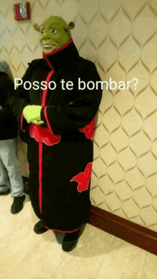 a person in a shrek costume stands in front of a wall with the words posso te bombar written on it