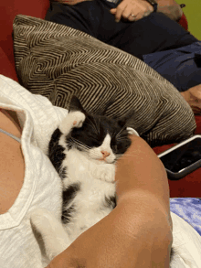 a black and white cat sleeping on a person 's arm