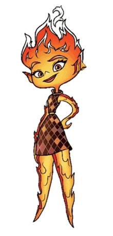 a cartoon character with flames on her head and legs