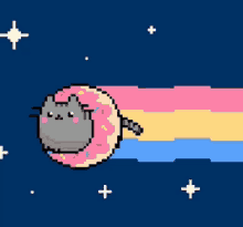 a pixel art of a cat and a donut with a rainbow behind it