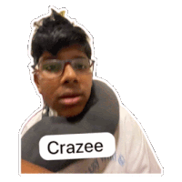 a sticker of a man with glasses and a neck pillow that says crazee on it