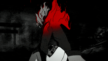 a black and white drawing of a person with a red flame coming out of their head