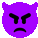 a purple devil smiley face with horns and a sad face .