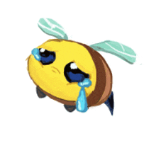 a cartoon bee is crying with tears running down its face .