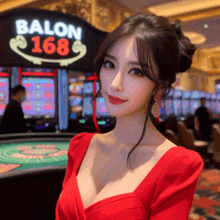 a woman in a red dress stands in front of a sign that says ballon 168