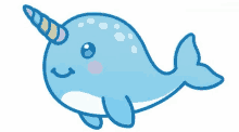 a narwhal with a rainbow horn is smiling and looking at the camera .