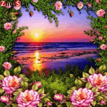 a painting of flowers and a sunset over the ocean