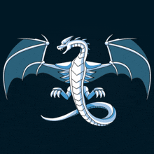 a white dragon with blue wings is on a dark blue background