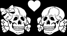 two skulls with bows on their heads and a heart in the background are kissing each other .