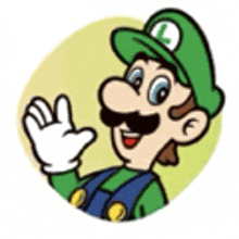 a cartoon of a man wearing a green hat and waving his hand .