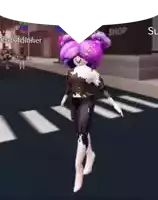 a cartoon character with purple hair is walking down a street in front of a shop