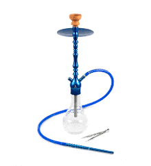 a hookah with a blue hose and tongs