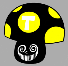 a black mushroom with yellow spots and a white letter t on it