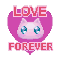 a pixel art illustration of a pink cat in a heart with the words `` love forever '' .