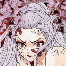 a close up of a drawing of a girl with long white hair and flowers in her hair .