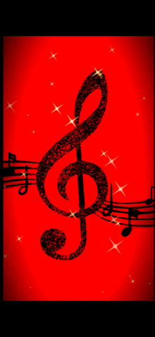 a treble clef is on a red background with music notes