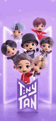 a group of cartoon characters are standing in front of a purple logo that says tiny tan