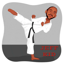 a cartoon drawing of a man in a karate uniform with the name jeff kid below him