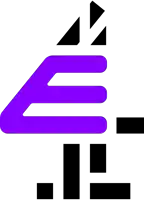 a purple and black icon with the letter e on it