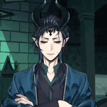 a man with horns on his head and a blue jacket