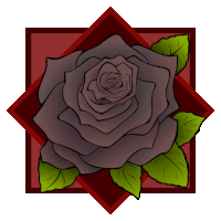 a black rose with green leaves in a square