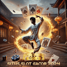 an advertisement for situs slot gacor shows a man holding playing cards in his hands