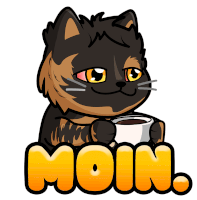 a cartoon cat is holding a cup of coffee and the word moin is behind it