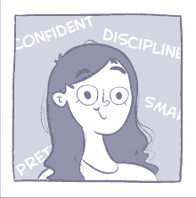 a cartoon drawing of a woman with the words confident discipline and smart around her