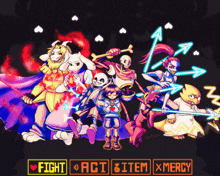 a group of cartoon characters standing next to each other with the words fight act item mercy