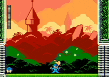 a video game scene with a castle in the background and a knight in the foreground