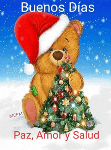 a teddy bear wearing a santa hat is sitting next to a christmas tree