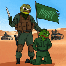 a cartoon of a frog holding a flag that says hoppy on it