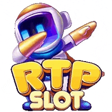 the logo for rtp slot is a robot with a rocket in his hand .