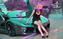 a woman wearing a cat mask sits next to a lamborghini